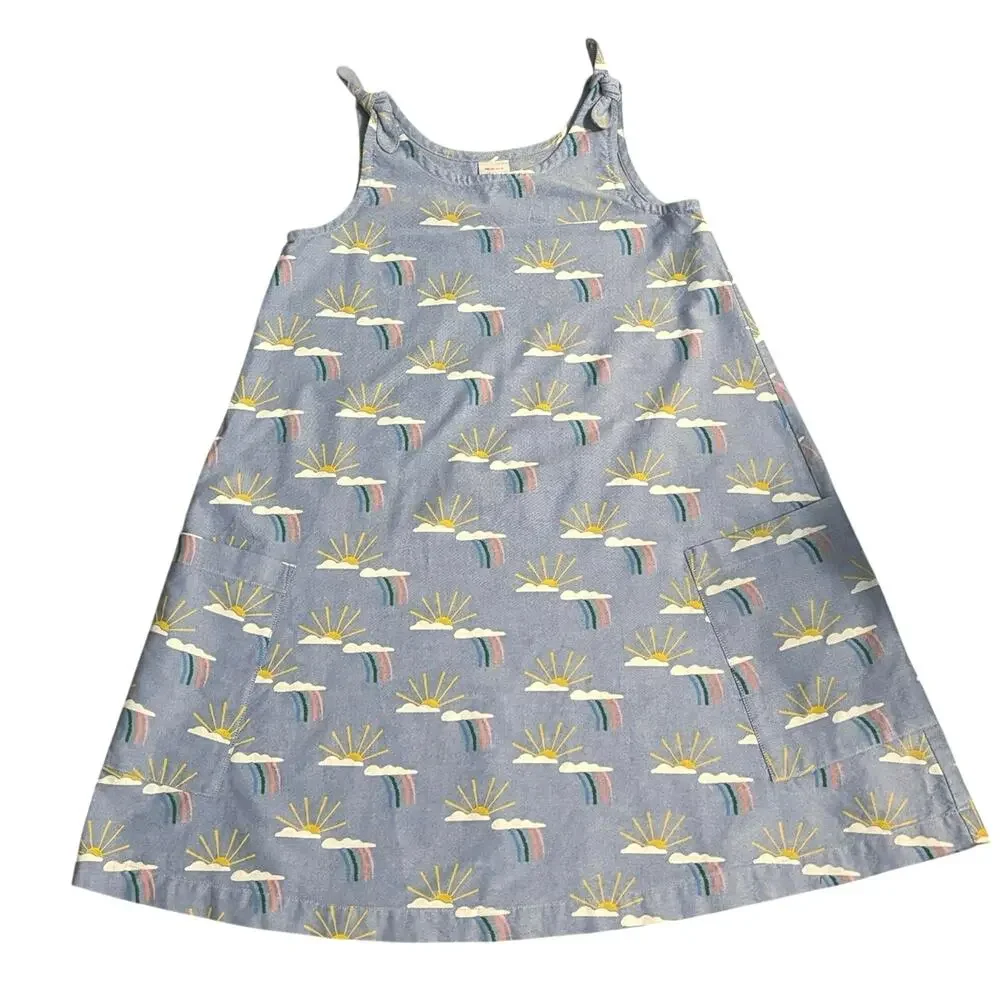 Hanna Andersson Size 140 US 10 Rainbow Print Sundress Dress Blue Oxford Cloth